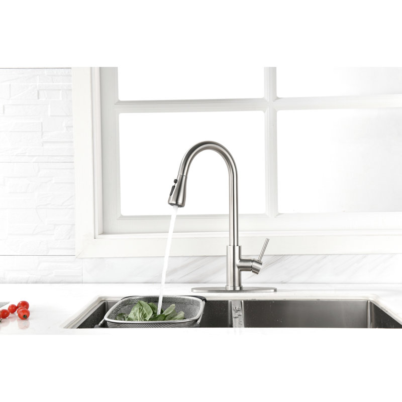 Robinet de cuisine à poignée simple en nickel brossé - Robinet d'évier à grande arche en acier inoxydable pour un nettoyage sans effort avec fonction de duvet pratique