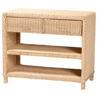 Braided Natural Rattan Console Table With Drawers And Shelves - Coastal Style Storage Cabinet For Entryway