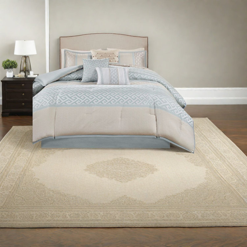 Ensemble de literie de luxe turquoise 7 pièces, jacquard de polyester, élégance traditionnelle