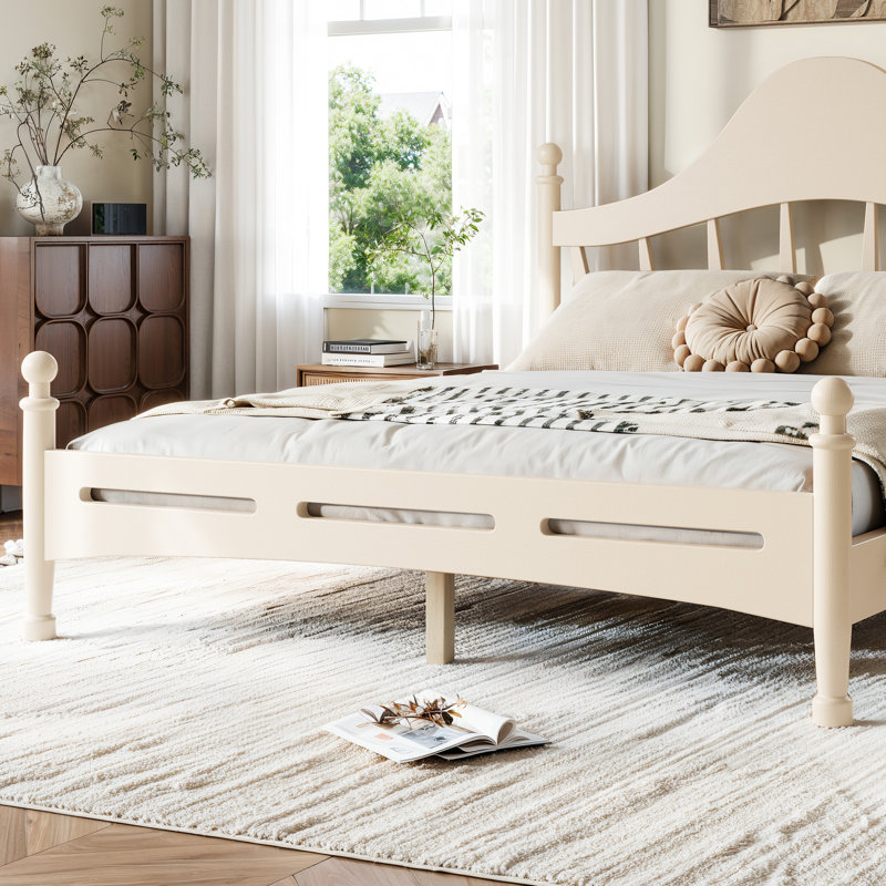 Grand lit plateforme en bois à profil bas avec tête de lit grand, support à lattes de bois, aucun sommier requis, beige