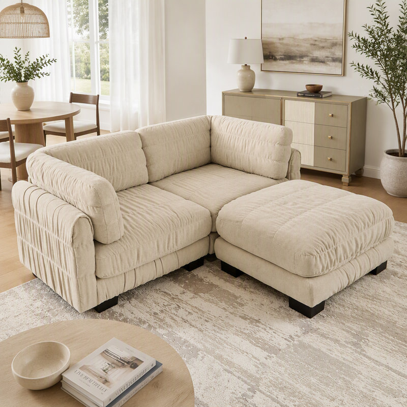 Canapé modulaire 2 places en chenille avec repose-pieds mobile et détails froncés brun clair