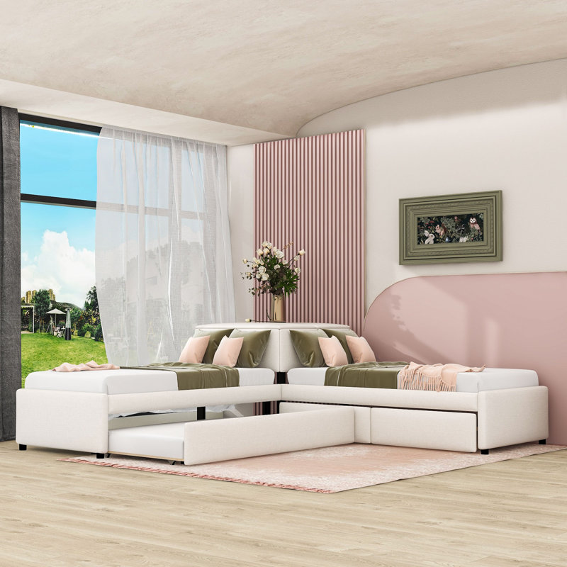 Lit plateforme simple tapissier en forme de L avec lit gigogne et 2 tiroirs