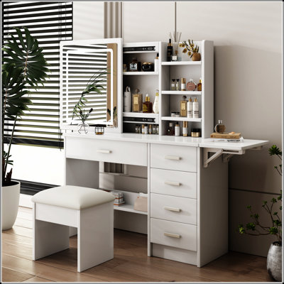 Bureau de coiffeuse élégant avec miroir, lumières et 5 tiroirs, tablettes ouvertes et fauteuil pour le maquillage et le rangement