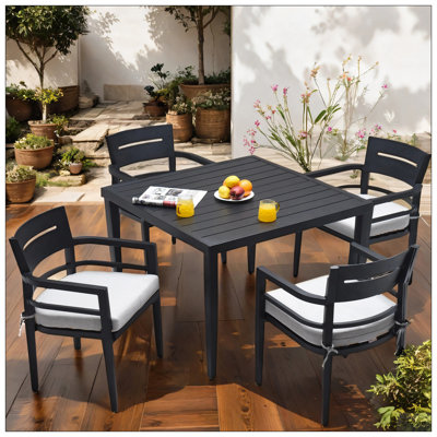 5-Piece Outdoor Patio Aluminum Furniture, Modern Dining Set, Including 4 Dining Chairs Sunbrella Fabric Cushioned And 40" Square Dining Table With Umbrella Hole