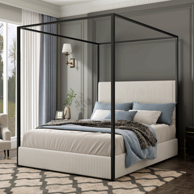 King Size White Modern Luxury Metal Canopy Bed With Tall Corduroy Upholstered Headboard