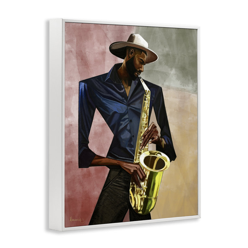 Giclée encadrée par un joueur de saxophone, design par Manasseh Johnson Sr, H 30 po x l 24 po