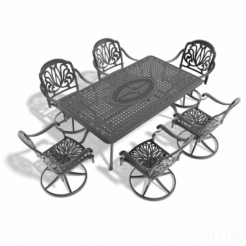 Ensemble de salle à manger 7 pièces en fonte d'aluminium toutes saisons, comprenant 6 chaises pivotantes et une table rectangulaire avec cadre noir