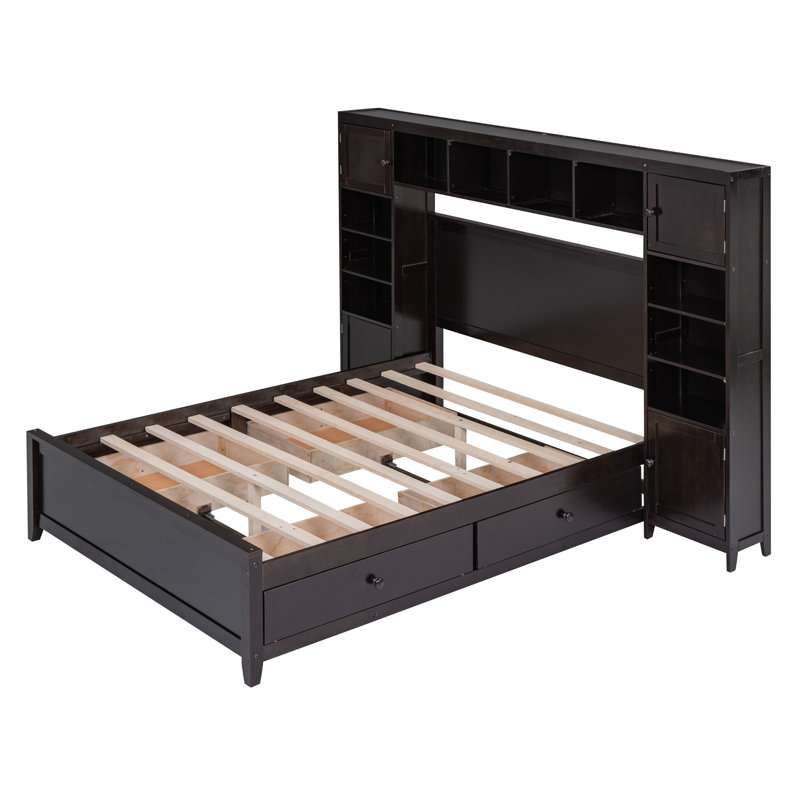Lit double en bois avec armoire et tablette tout-en-un, espresso, Brun
