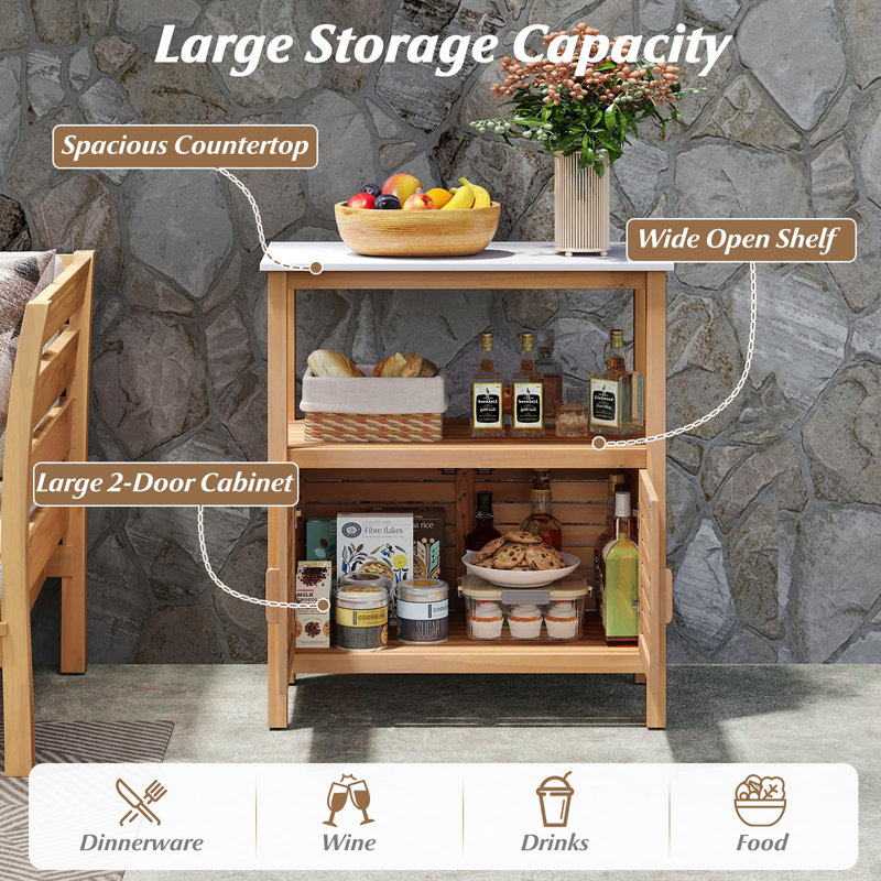 Outdoor Acacia Wood Buffet Cabinet with Marble-Like Countertop, 35.5" H x 31.5" W x 16" D