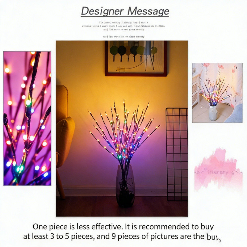Remplisseur de vase à piles en saule avec éclairage à DEL - Brindille fine pour la maison et la fête, Multicolor