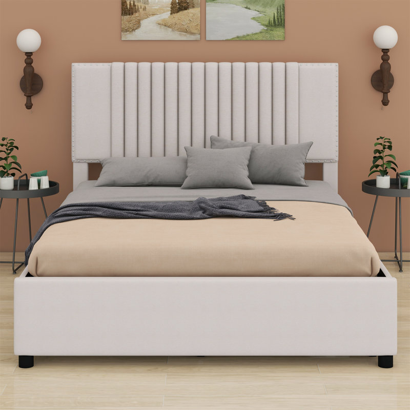 Lit plateforme tapissier avec tiroirs et lit gigogne, Beige, Double