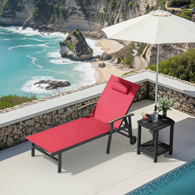 Outdoor Patio Adjustale Chaise Lounge Chair With Wheels And Armrests, Red