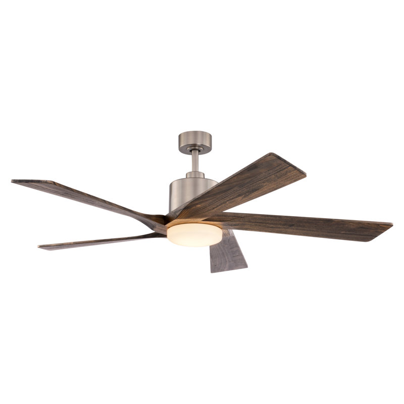  Wedgewood 60 in. Satin Nickel Indoor Rod Mount Contemporary Ceiling Fan with Natural Walnut Blades, Integrated LED Light Kit and Remote Control Included, 6 Speed Energy Efficient DC Motor