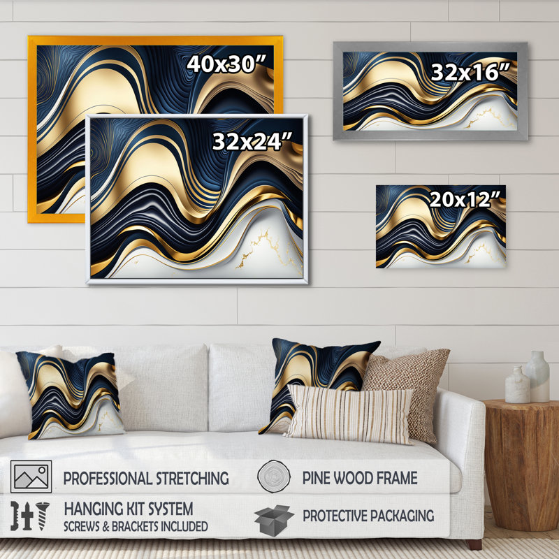 «Abstract Geode Waves Blue and Gold IV», reproduction sur toile, L 32 po x H 24 po, Toile avec cadre flottant or