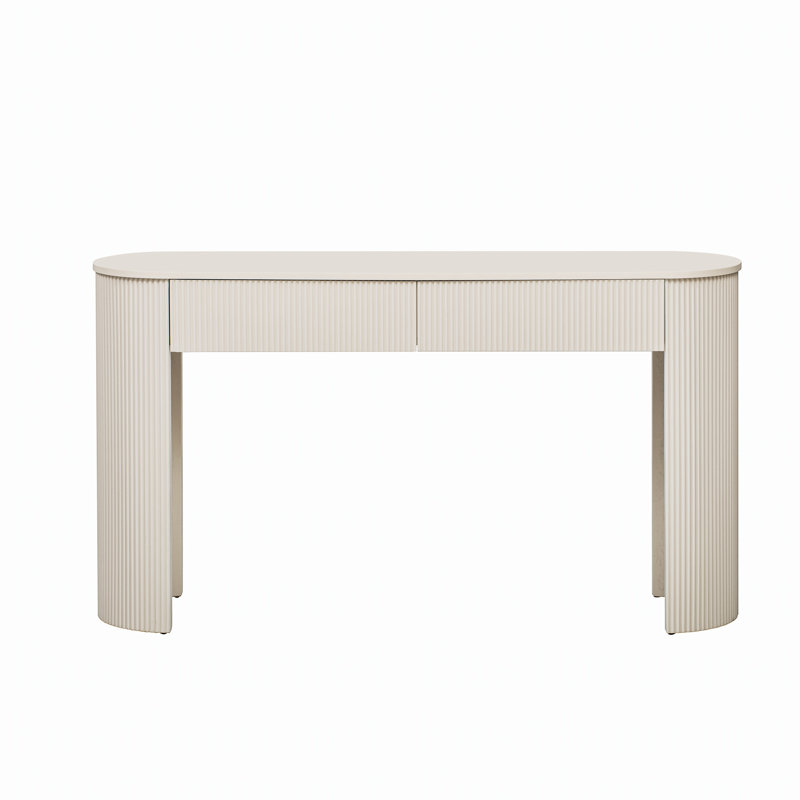 Console avec rangement, plateau ovale et 2 tiroirs, table d'entrée avec conception cannelée, Blanc champagne