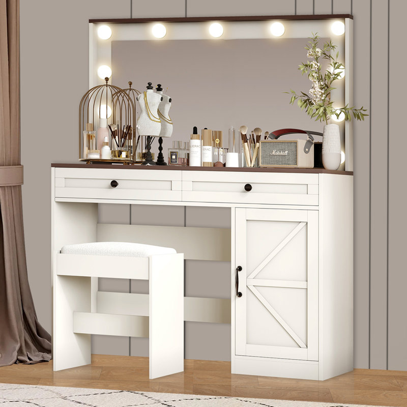 Coiffeuse à maquillage réglable 43,4 "avec grand miroir et 3 tiroirs - Élégante coiffeuse, Blanc