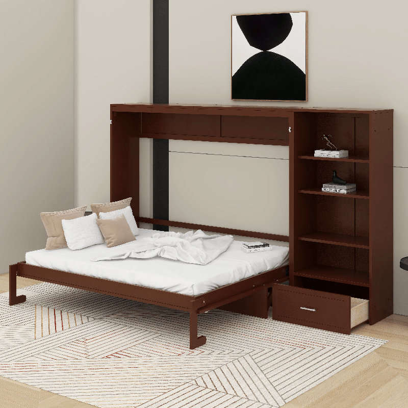 Grand lit escamotable avec compartiments de rangement à hauteur réglable et tablette, Noyer
