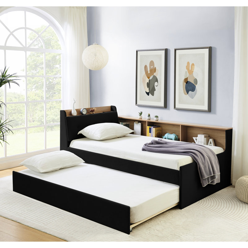 Lit de jour simple rembourré en velours noir avec hauteur ajustable, tête de lit avec rangement, lit gigogne et lit gigogne à chargement sans fil, lumières DEL