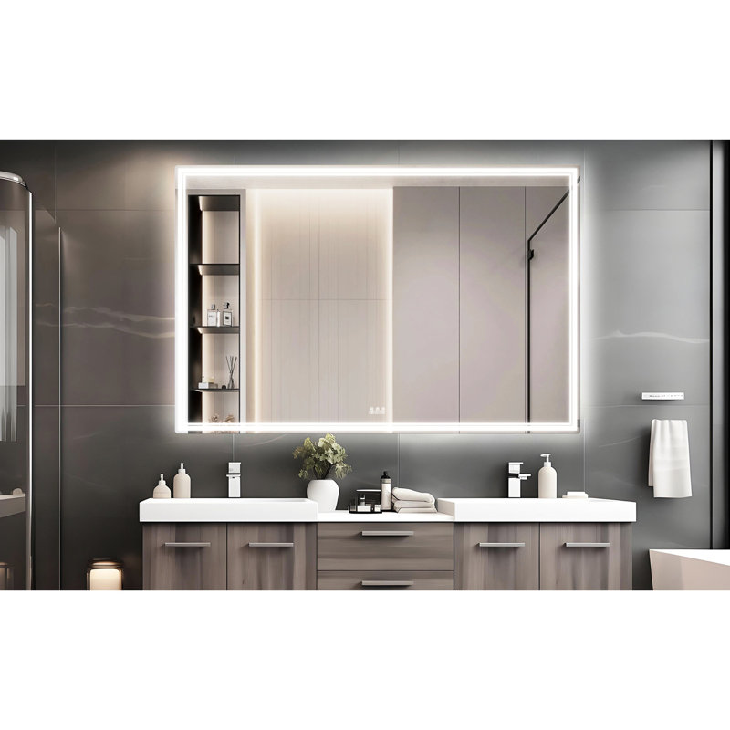 Miroir surdimensionné pour salle de bain surdimensionné de 60 po x 40 po, imperméable, 3 options de couleurs, cadre en aluminium, interrupteur intelligent, fixation murale pour salle de bain étanche IP44, tactile, miroir
