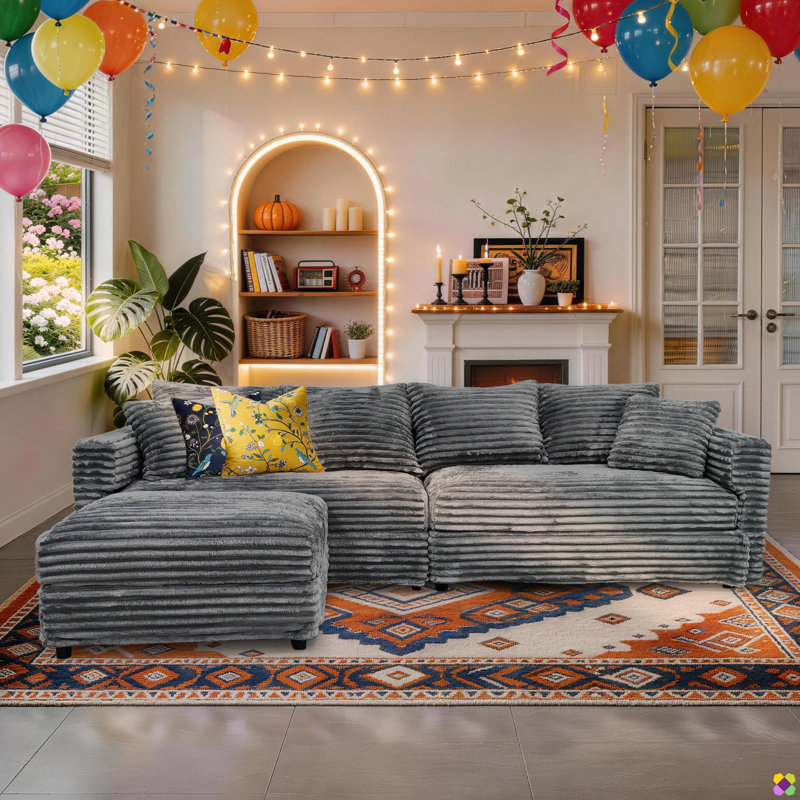Gus 102.4"W 5 Seaters Convertible LAF RAF Corduroy Sectional, include1 Ottoman, Gray Plush Corduroy Fabric