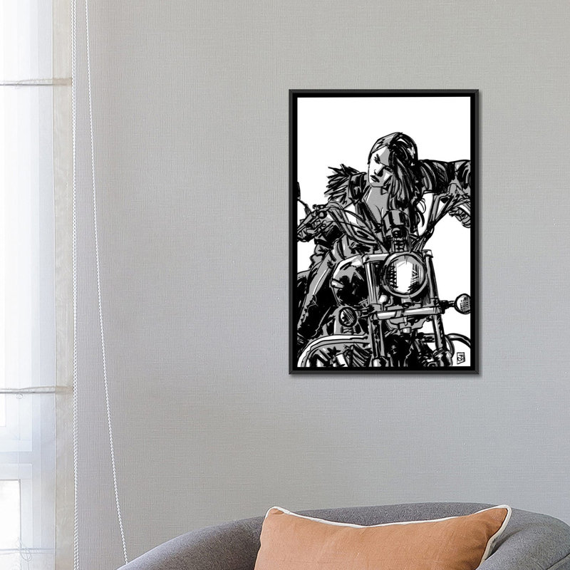 Biker fille, impression sur toile tendue, H 26 po x l 18 po x P 1,5 po, Toile avec cadre noir, Pas de tapis