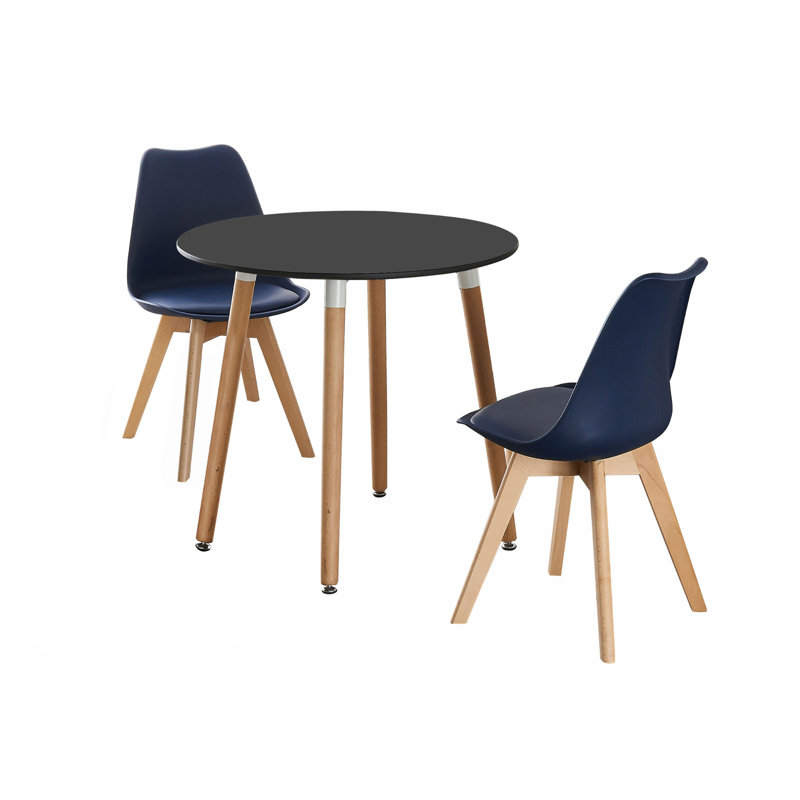 Franconia 2 Person Dining set - a Round Plastic Dining Table with Wooden Legs and a Set of 2 Faux Leather Cushion Padded Dining Chairs for Dining Room - Modern Dining Table Set