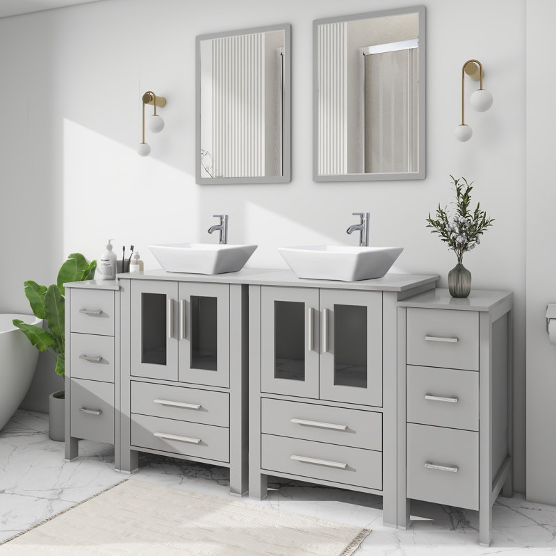 72’’ Double Bathroom Vanity Set with Ceramic Vessel Sink Top, Faucets, Gray, Gray