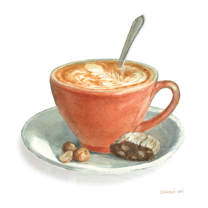 «Wake Me up Coffee III on White» par Danhui Nai - peinture sur toile tendue, H 12 po x l 12 po