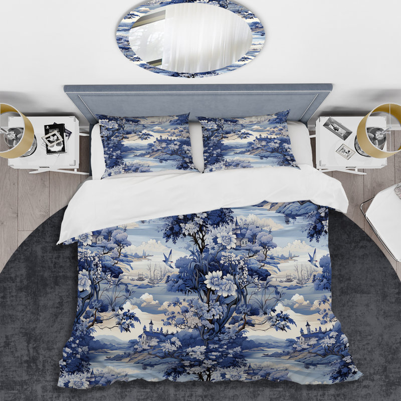 Cobalt Blue Horse Garden Victorian Pattern Polyester Floral Duvet Cover Set, King Duvet Cover + 2 King Shams