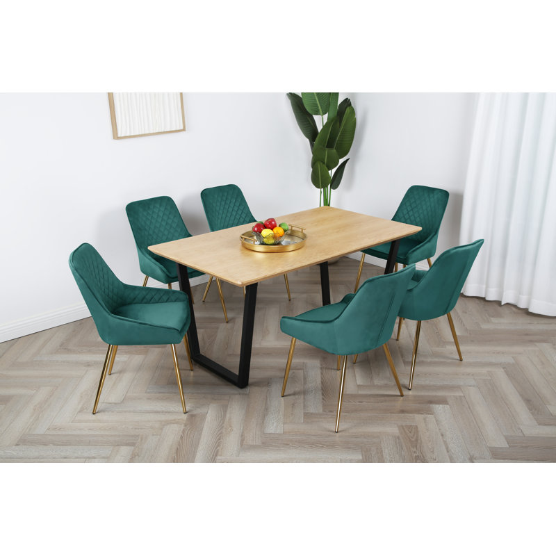 Mely 6 - Person Dining Set, Oak, Green/Gold