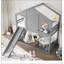 Lit superposé cabane avec glissade et étagères de rangement, lit mezzanine cabane en bois massif avec fenêtre, design enfantin