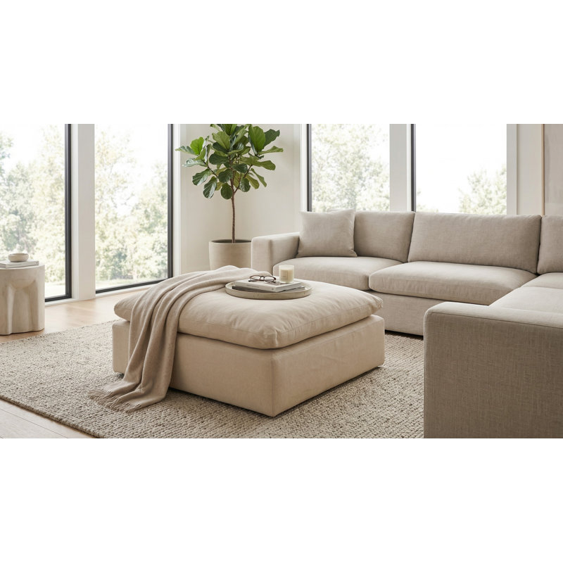 Sunset Trading Contemporary Puff Collection 44" Square Slipcovered Sectional Modular Ottoman | Performance Fabric Washable Water-Resistant Stain-Proof | Oversized Down Filled Large Sofa Footrest | Tan