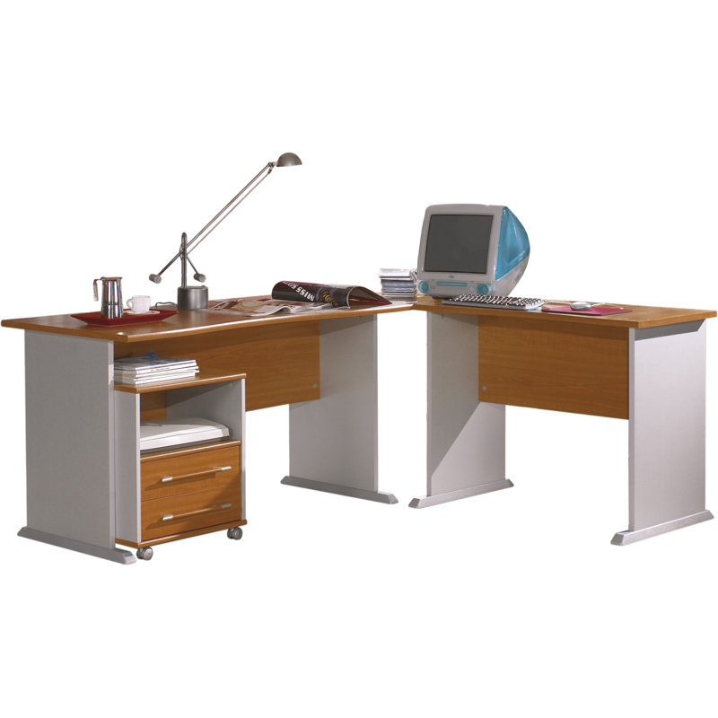 190cm W L-Shaped Writing Desk, Cherry tree/Aluminium replica