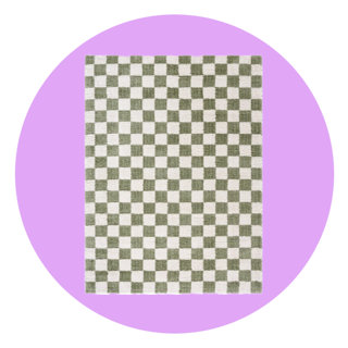 Sage green and cream checkered area rug against a purple circular background.