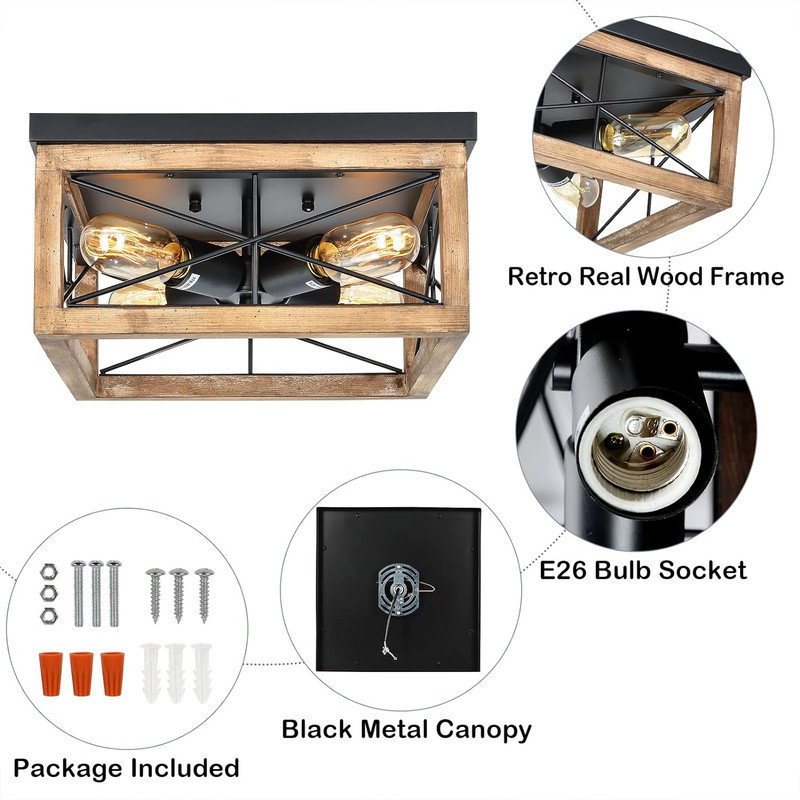 Farmhouse Black and Wood 4-Light Flush Mount Ceiling Fixture