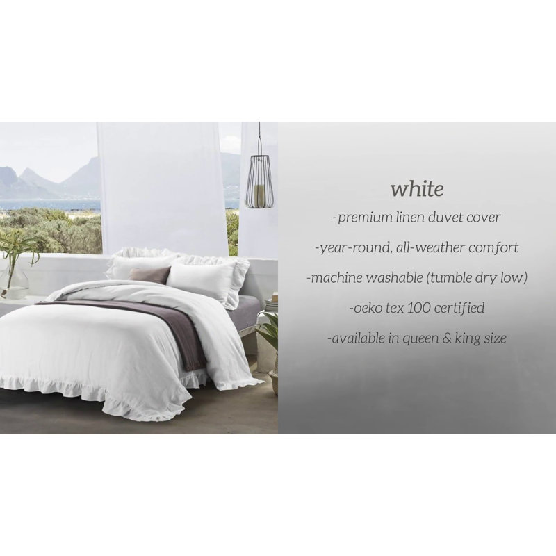 King Size Off-White Linen Ruffled Duvet Cover Set