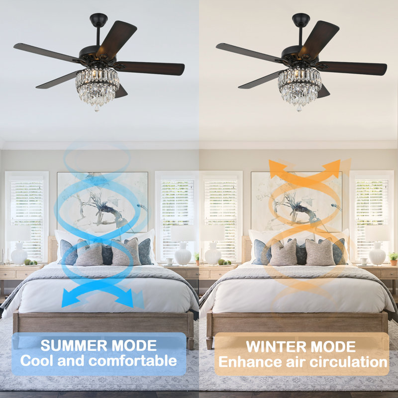 52 Inch Modern Crystal Ceiling Fan With Remote Control, 3 Speeds Reversible Ceiling Fan For Bedroom, Black