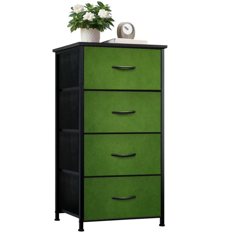 Commode de rangement verticale 4 tiroirs vert olive avec tiroirs en tissu