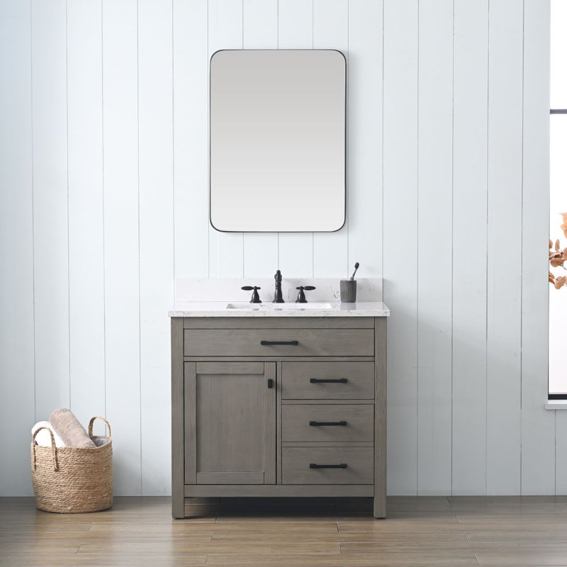 Ensemble de meuble-lavabo simple 36 po Ajiya, Gris texturé / noir mat, Blanc de Carrare