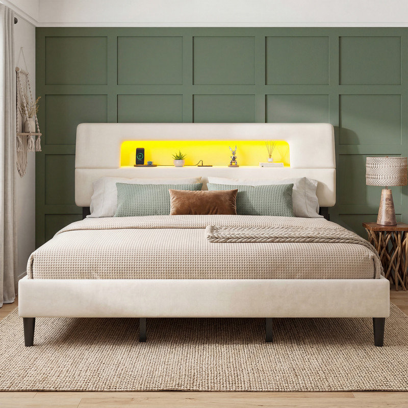 Upholstered Platform Bed with Storage Headboard,Velvet Bed Frame with RGB LED Lights & Charging Station, Beige, K