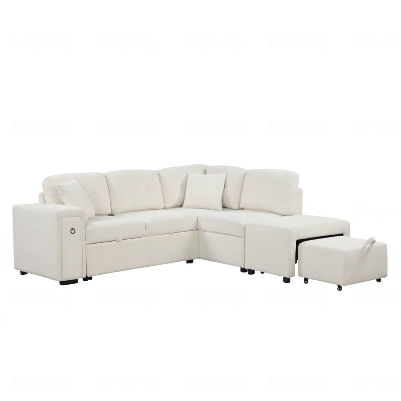 86.6" L-Shaped Sleeper Sofa Bed, Upholstered Sectional with Ottoman and Pillows, Beige Chenille