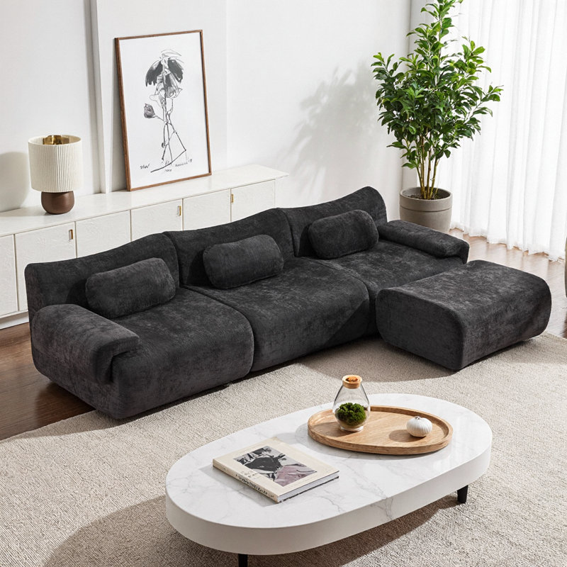 Canapé modulaire moderne à assise profonde en chenille moderne avec coussins, 3 + 1 places en jaune ensoleillé pour le salon et la chambre à coucher