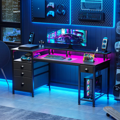 Bureau d'ordinateur de 60 po avec classeur et tablettes de rangement, bureau à domicile réversible avec lumières DEL, support pour écran complet, prises de courant, table de jeu avec 4 tiroirs