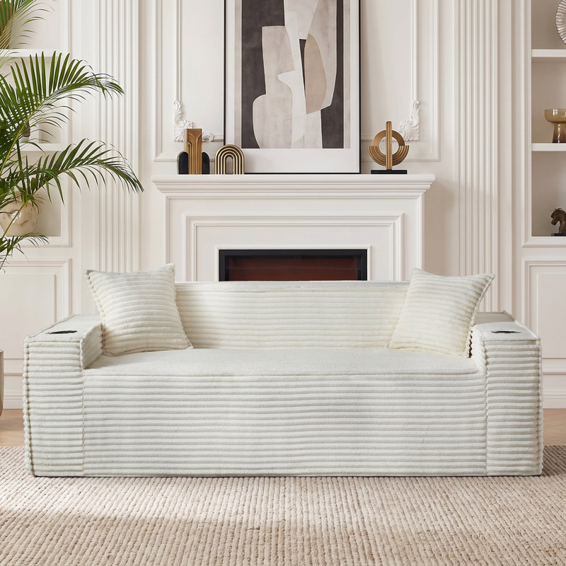Boneless 80'' W Oversized Foam Sofa with Pillows, Compression Loveseat Corduroy 3-Seater Sofa Upholstered Couch with 2 Cup Holders for Living Room, Bedroom, Apartment, Office