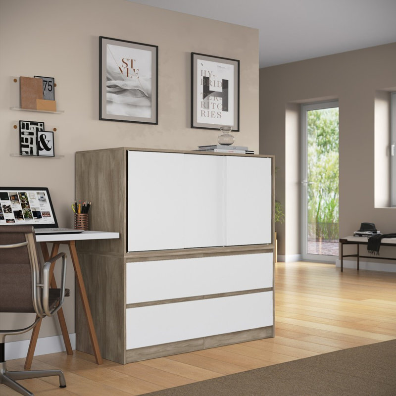 Solid Wood Rectangle Accent Cabinet, Oak with White