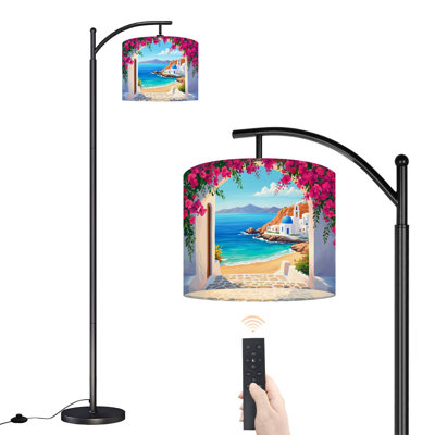 Lampe sur pied à arc avec abat-jour réglable, bord de mer méditerranéen, village, dôme bleu, lampe sur pied, océan, turquoise, 3 températures, intensité variable, grand pôle avec interrupteur au pied pour la chambre à coucher