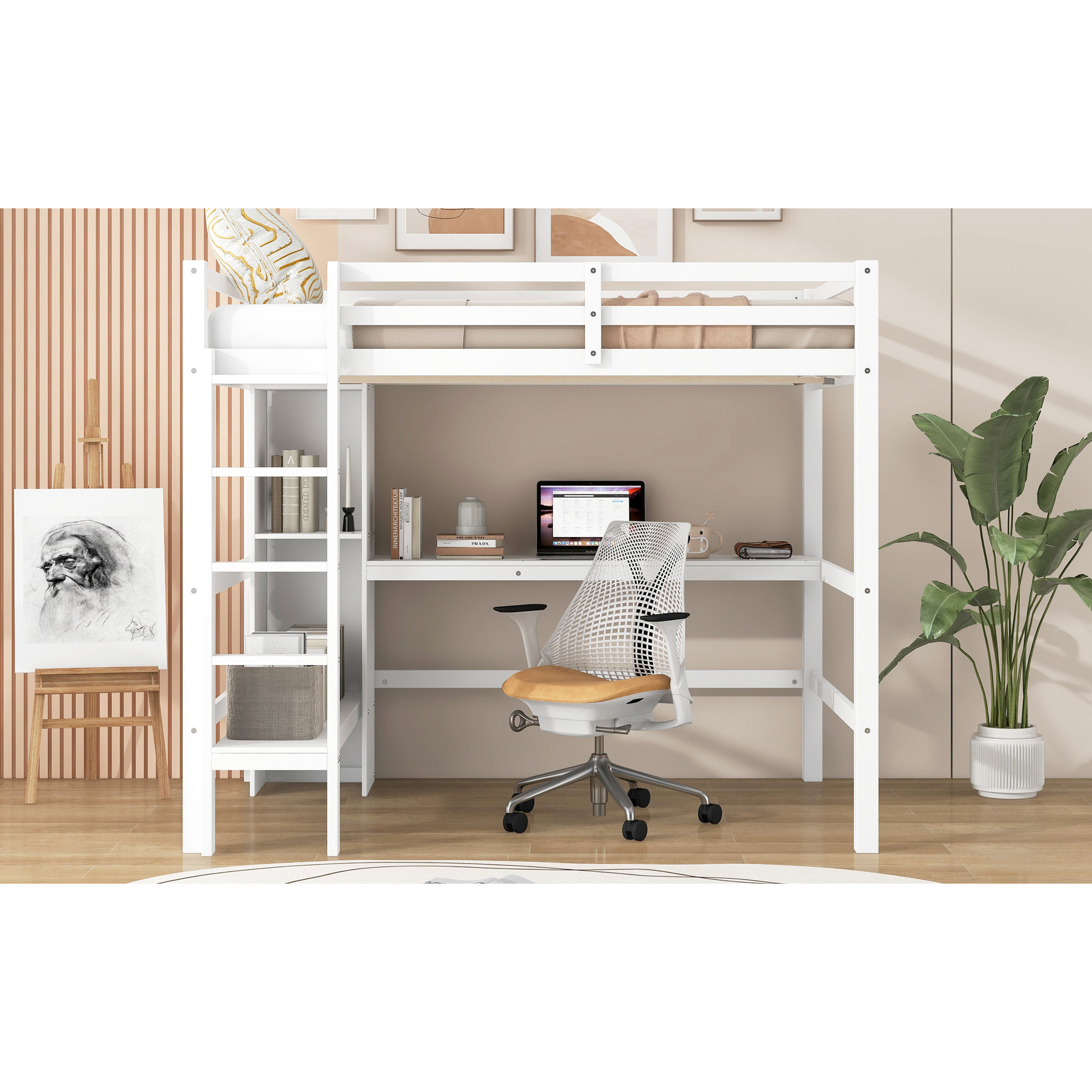 Latitude Run® White Full Loft Bed With Built - In Desk And ...