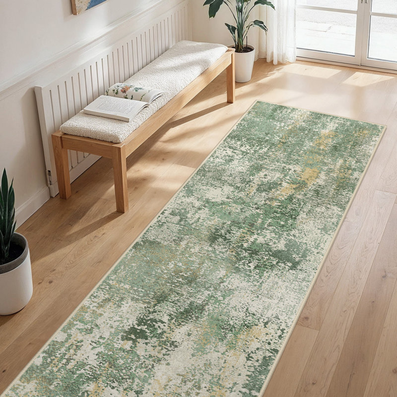Pavelina Abstract Morden Machine Washable Non-Slip Green / Beige Indoor Area Rug, Runner 2'4" x 8'