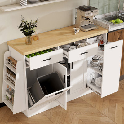 Buffet blanc multifonctionnel avec tablette à épices à 3 niveaux, rangement à ordures dissimulé et placard à porte coulissante. Parfait pour l'organisation de la cuisine et de la salle à manger. Design bicolore.