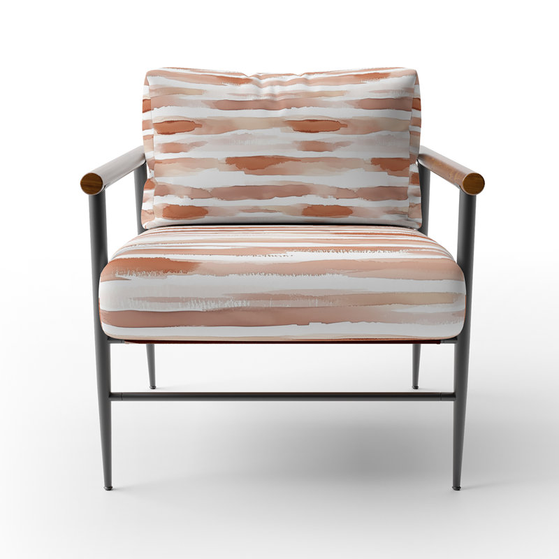 Chaise abstraite rembourrée - Fauteuil brun à rayures boho, Bras ronds bruns